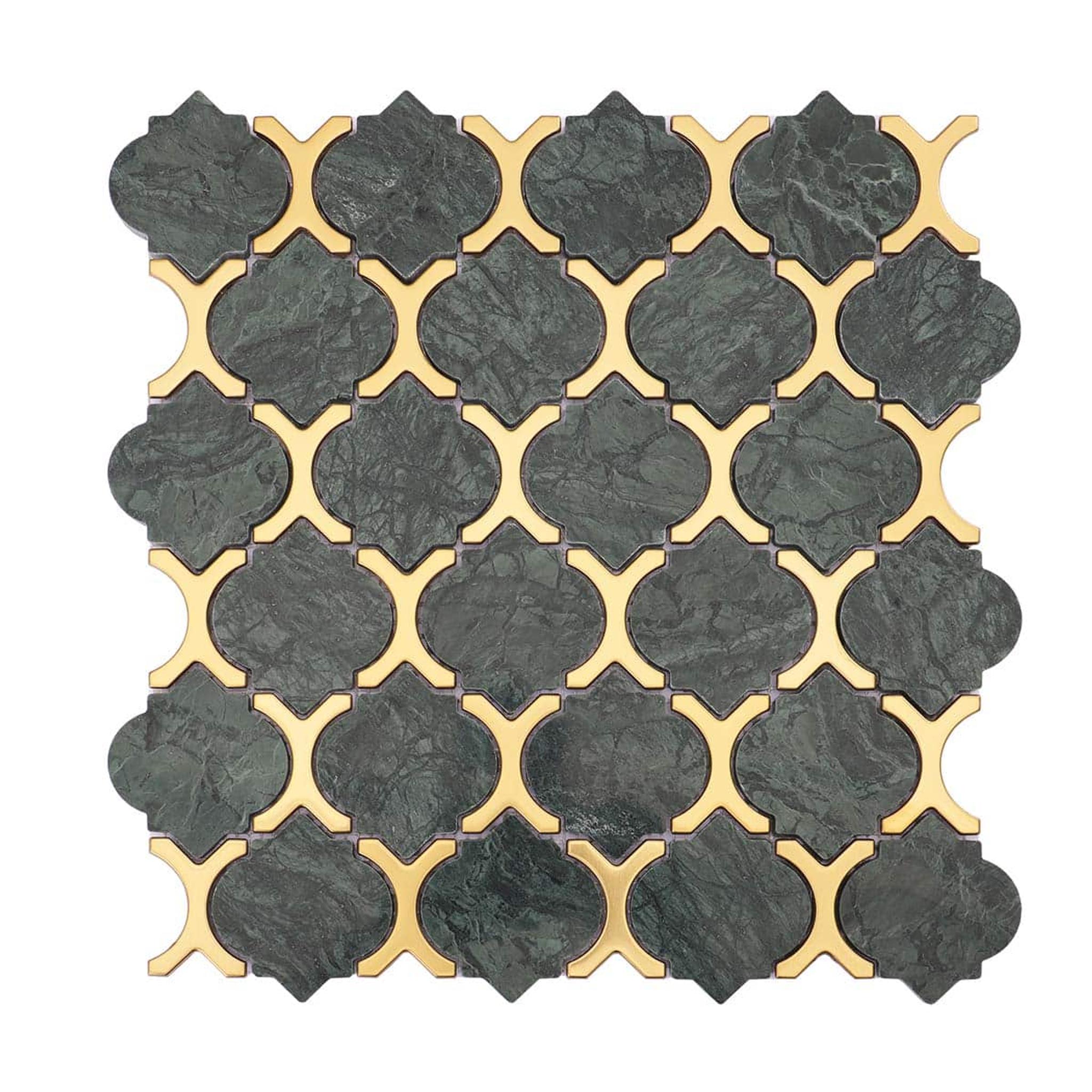Arabesque Green Marble and Gold Metal Mosaic Tile — mosaic arabesque bằng đá marble xanh lục & vàng