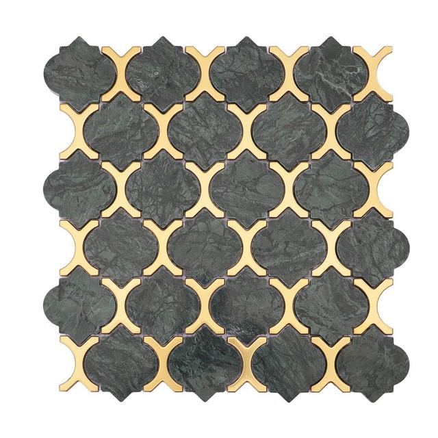 Arabesque Green Marble and Gold Metal Mosaic Tile — Mosaic arabesque marble xanh lục & mắt nối kim loại vàng — Rochelle Rochelle Stone