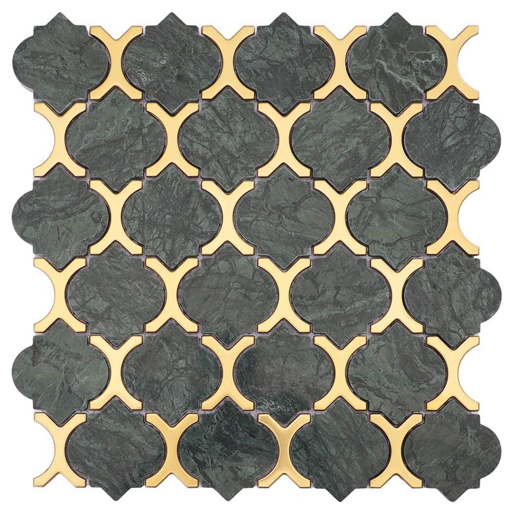 Arabesque Green Marble and Gold Metal Mosaic Tile — mosaic arabesque bằng đá marble xanh lục & vàng