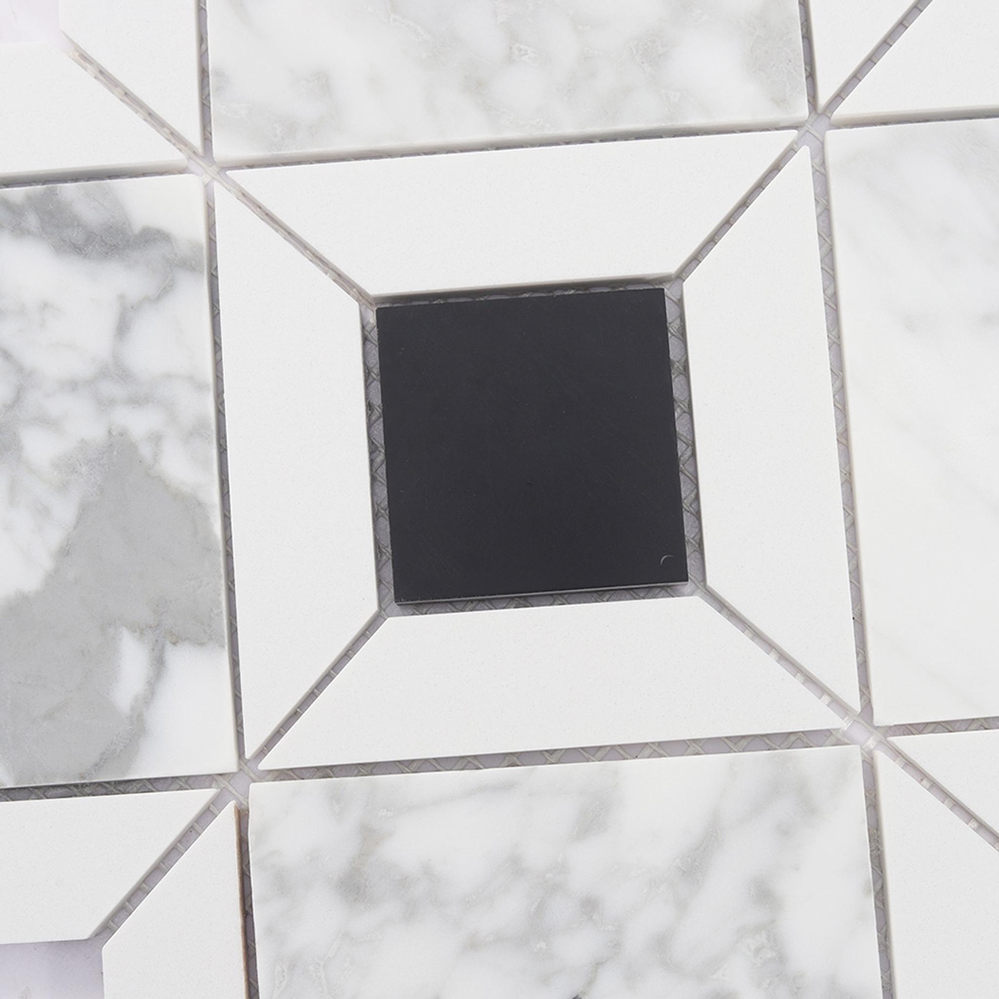 White Marble Geometric Mosaic Tile with Black Square Accents — mosaic vuông bằng đá marble đen & trắng