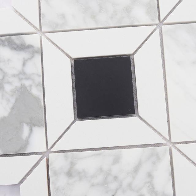 White Marble Geometric Mosaic Tile with Black Square Accents — mosaic vuông bằng đá marble đen & trắng