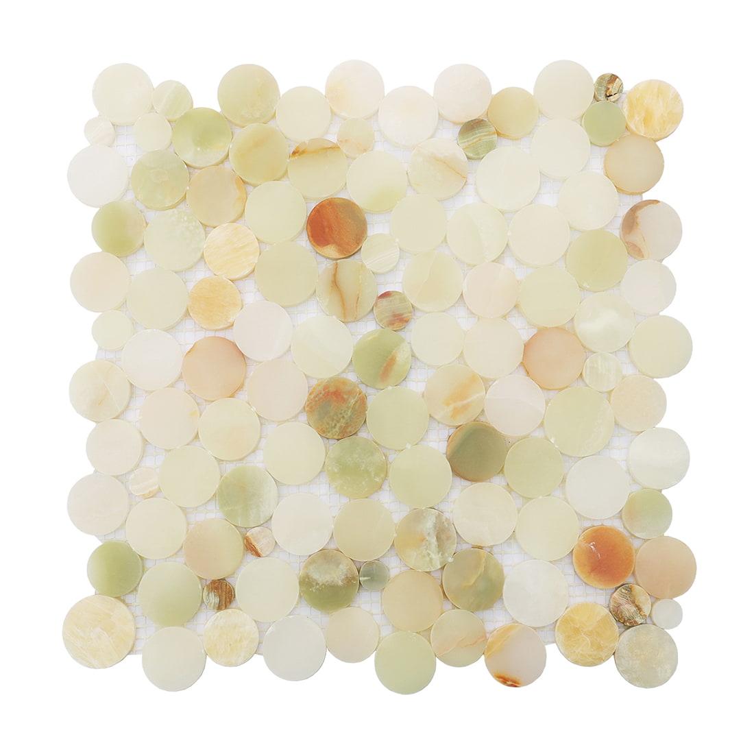 Pale Green Penny Round Marble Mosaic — mosaic tròn (penny round) bằng đá marble xanh nhạt mật ong