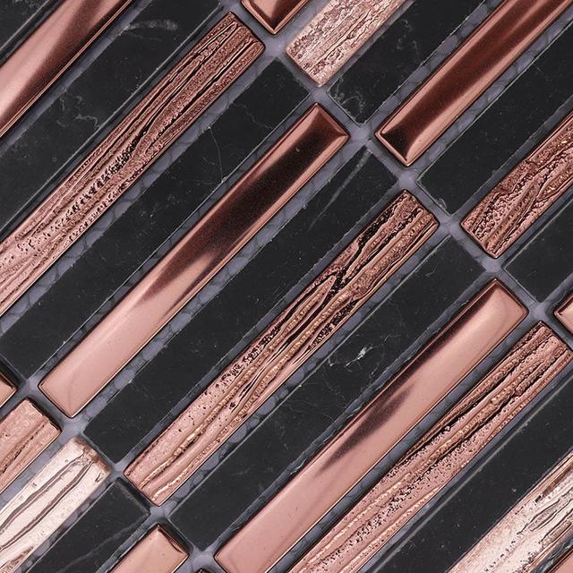 Rose Gold Glass and Black Marble Mosaic Strip Tile — mosaic thanh dài (linear) bằng đá marble đen & vàng