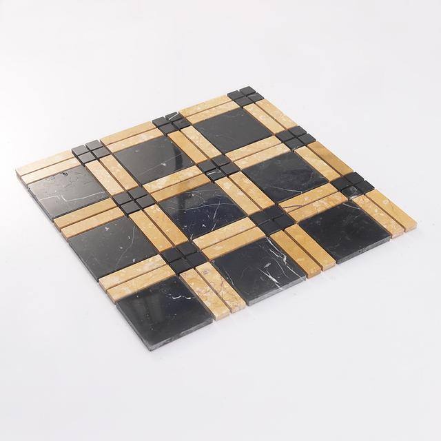 Black and Gold Plaid Marble Mosaic Bathroom Tile — mosaic ghép nghệ thuật bằng đá marble đen & vàng