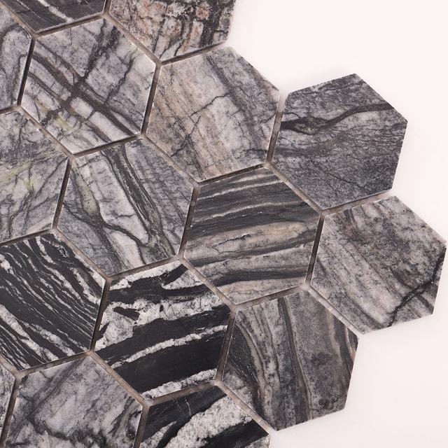 Dark Grey Hexagon Marble Mosaic Tiles — mosaic lục giác bằng đá marble xám