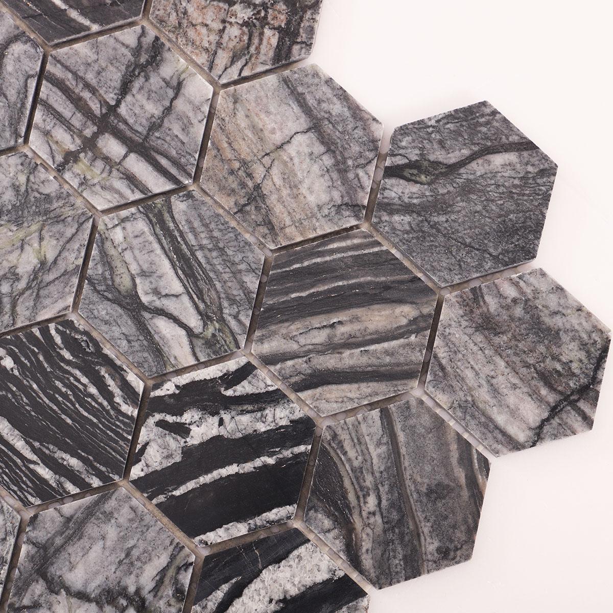 Dark Grey Hexagon Marble Mosaic Tiles — mosaic lục giác bằng đá marble xám