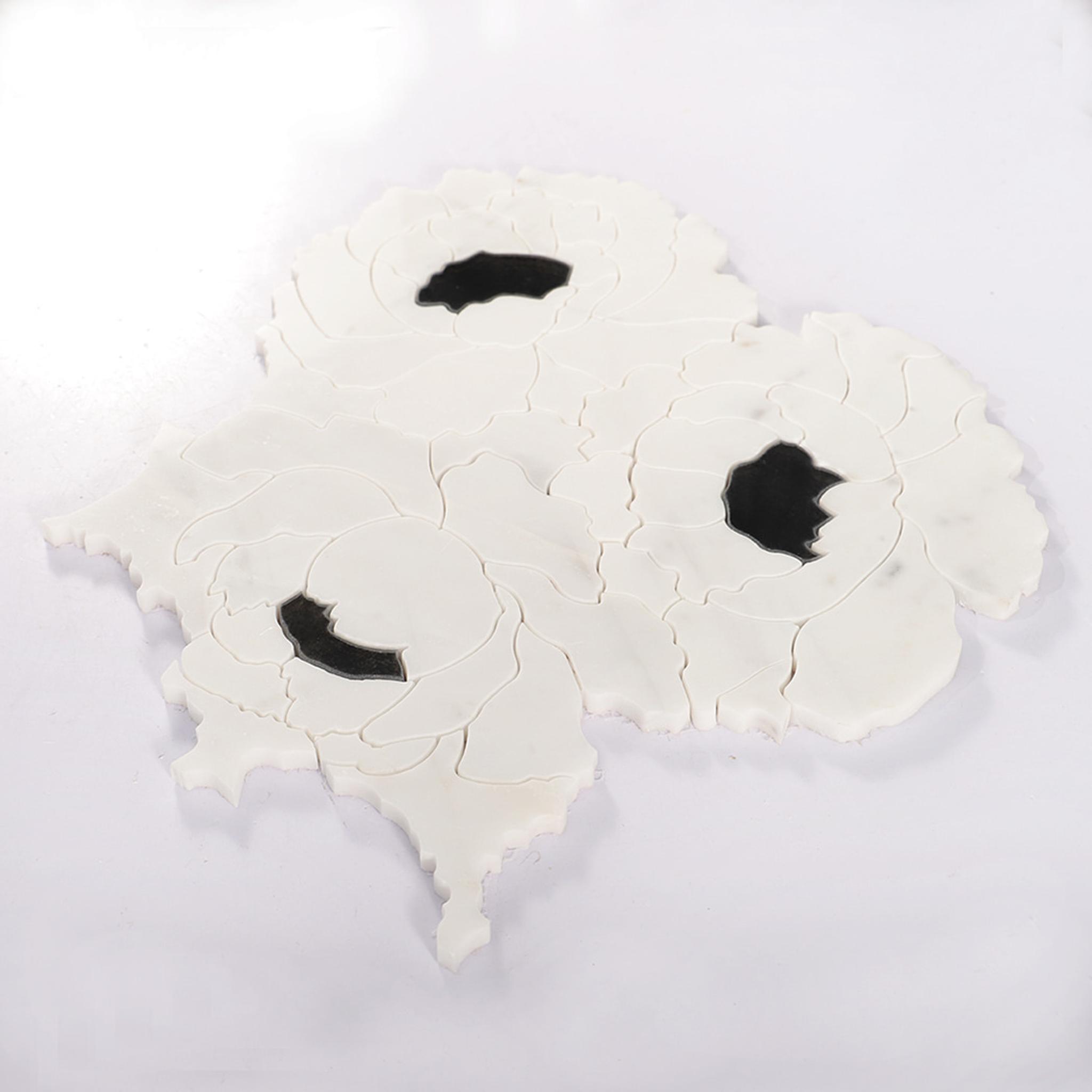 White Flower Waterjet Marble and Glass Mosaic Tile — mosaic hoa văn waterjet bằng đá marble trắng