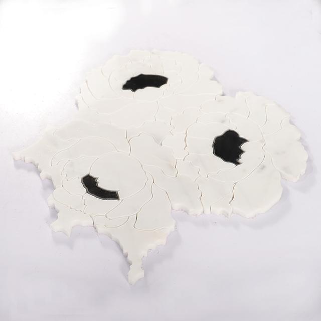 White Flower Waterjet Marble and Glass Mosaic Tile — mosaic hoa văn waterjet bằng đá marble trắng