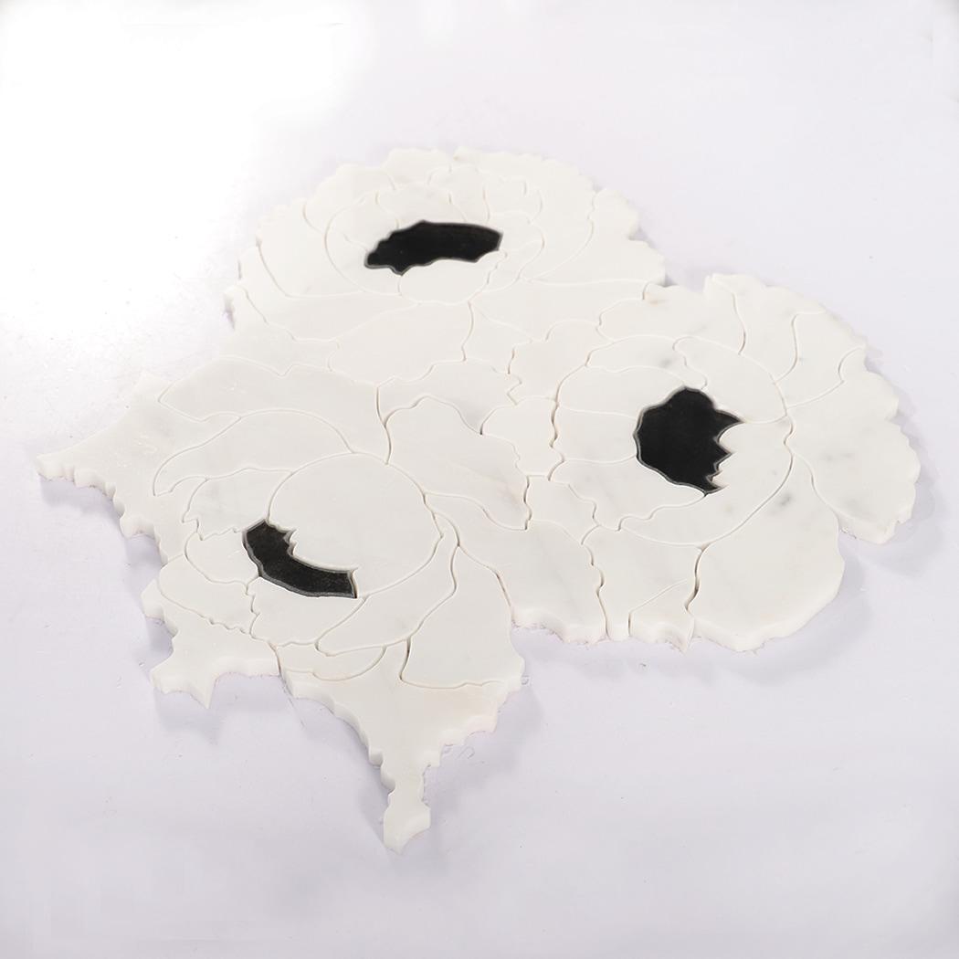White Flower Waterjet Marble and Glass Mosaic Tile — mosaic hoa văn waterjet bằng đá marble trắng