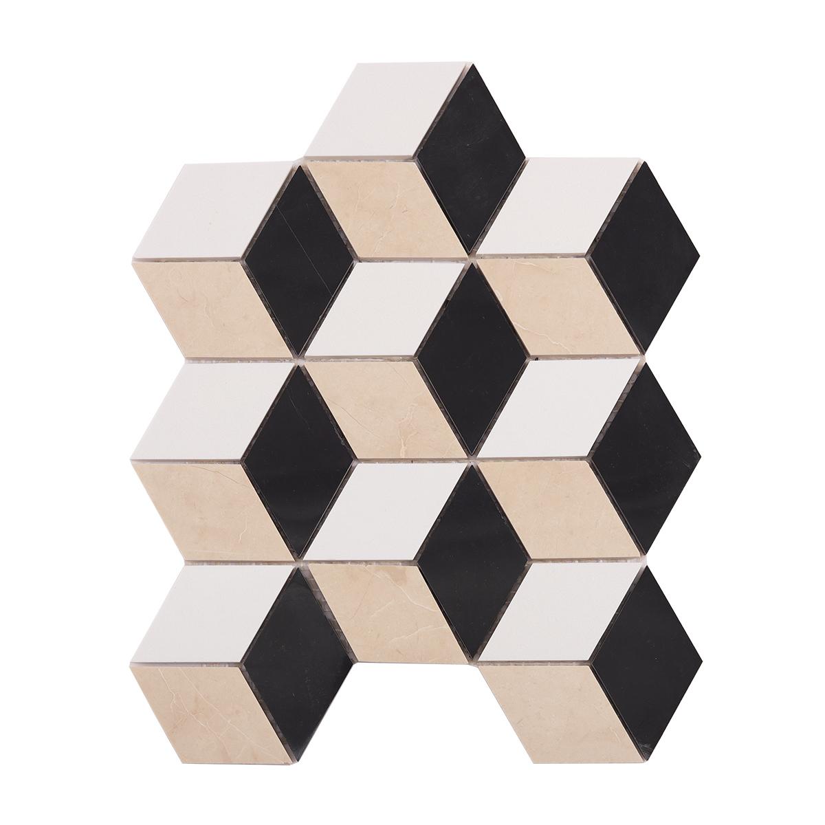 Black and White Diamond Cube Marble Tiles — mosaic ghép nghệ thuật bằng đá marble đen & trắng