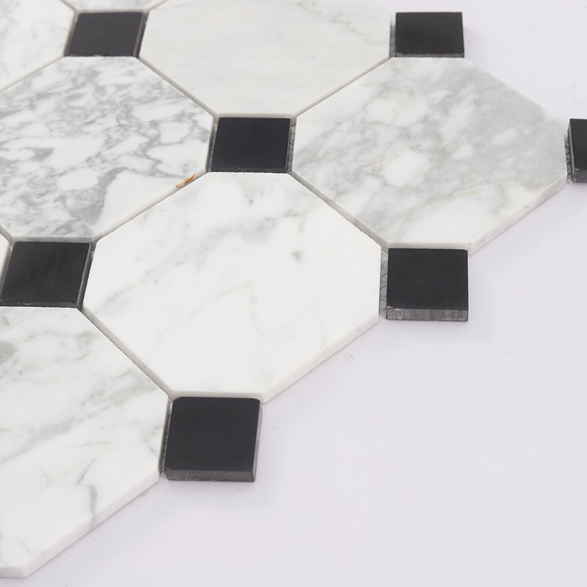 White Octagon Marble Mosaic with Black Square Dot Tile — mosaic vuông bằng đá marble đen & trắng