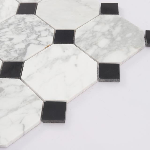 White Octagon Marble Mosaic with Black Square Dot Tile — mosaic vuông bằng đá marble đen & trắng