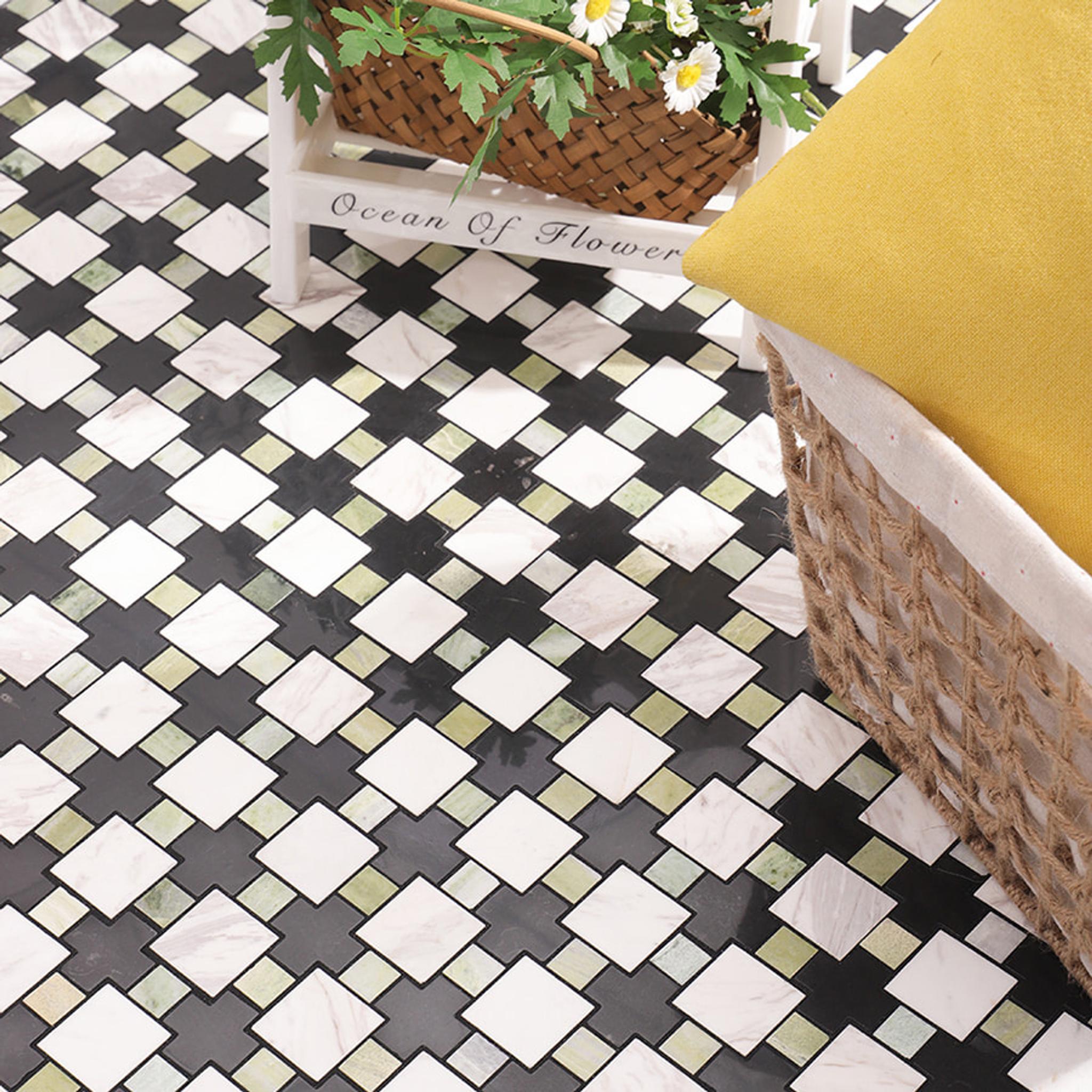 Green Black White Geometric Marble Floor Tile — mosaic ghép nghệ thuật bằng đá marble đen & trắng