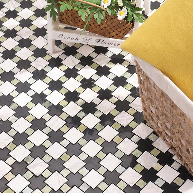 Green Black White Geometric Marble Floor Tile — mosaic ghép nghệ thuật bằng đá marble đen & trắng