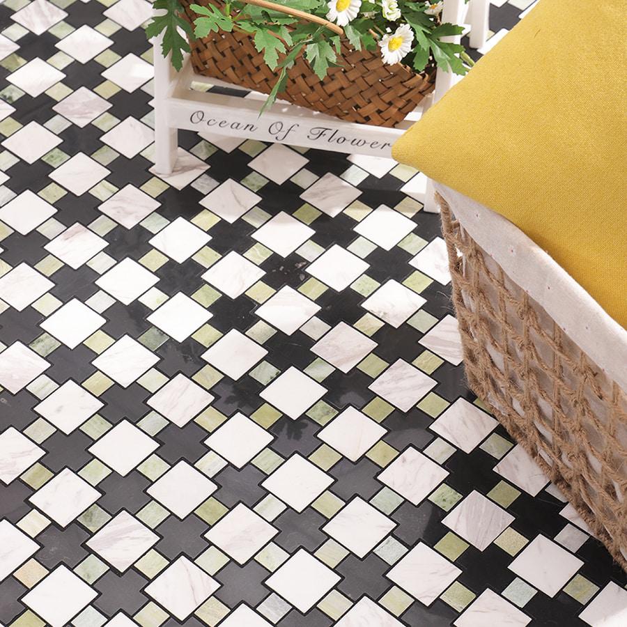 Green Black White Geometric Marble Floor Tile — mosaic ghép nghệ thuật bằng đá marble đen & trắng