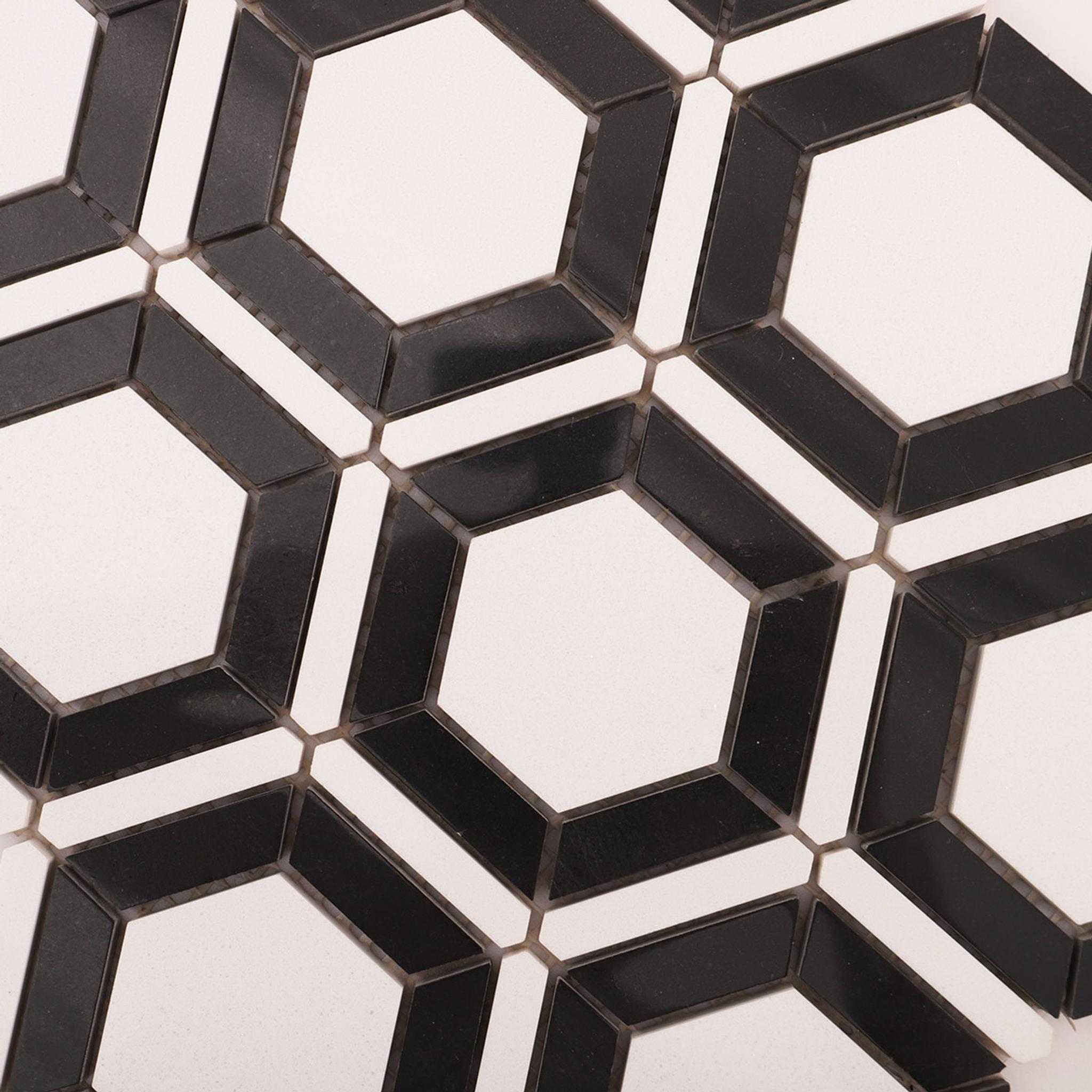 Black and White Hexagon Carrara Marble Mosaic Tile — mosaic lục giác bằng đá marble đen & trắng