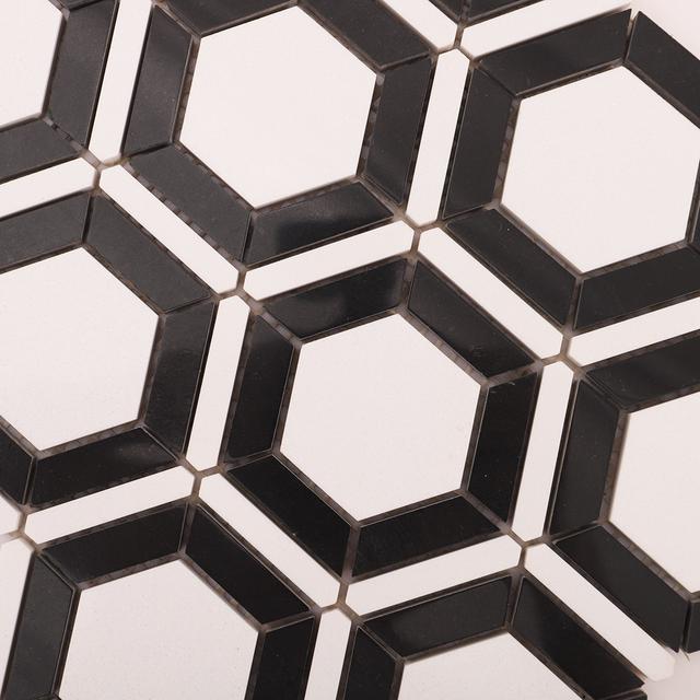 Black and White Hexagon Carrara Marble Mosaic Tile — mosaic lục giác bằng đá marble đen & trắng