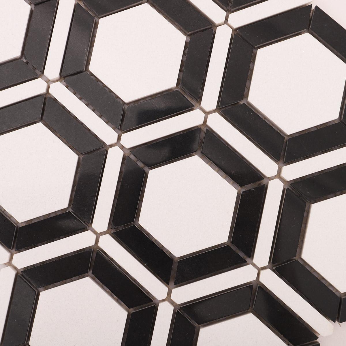 Black and White Hexagon Carrara Marble Mosaic Tile — mosaic lục giác bằng đá marble đen & trắng