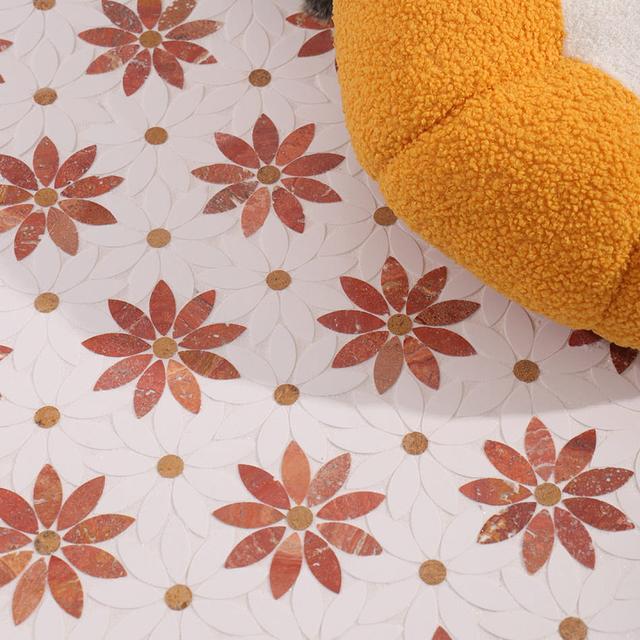 White and Red Daisy Marble Mosaic Tiles — mosaic hoa văn waterjet bằng đá travertine trắng & đỏ