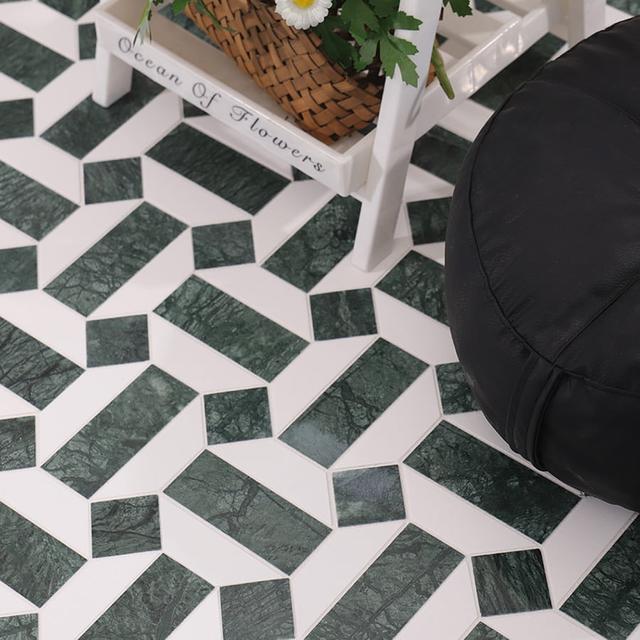 Green and White Hexagon Marble Tiles — mosaic lục giác bằng đá marble trắng & xanh lục