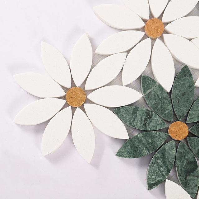 Empress Green and White Daisy Flower Marble Mosaic Tile — mosaic hoa văn waterjet bằng đá marble trắng & xanh lục