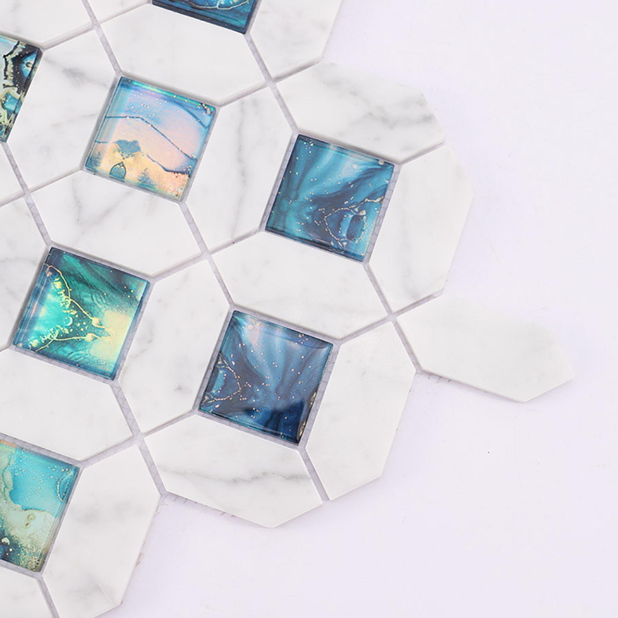 Blue Glass and White Marble Mosaic Tile — mosaic ghép nghệ thuật bằng đá marble trắng & xanh dương