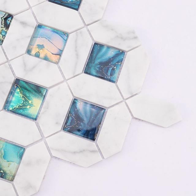 Blue Glass and White Marble Mosaic Tile — mosaic ghép nghệ thuật bằng đá marble trắng & xanh dương