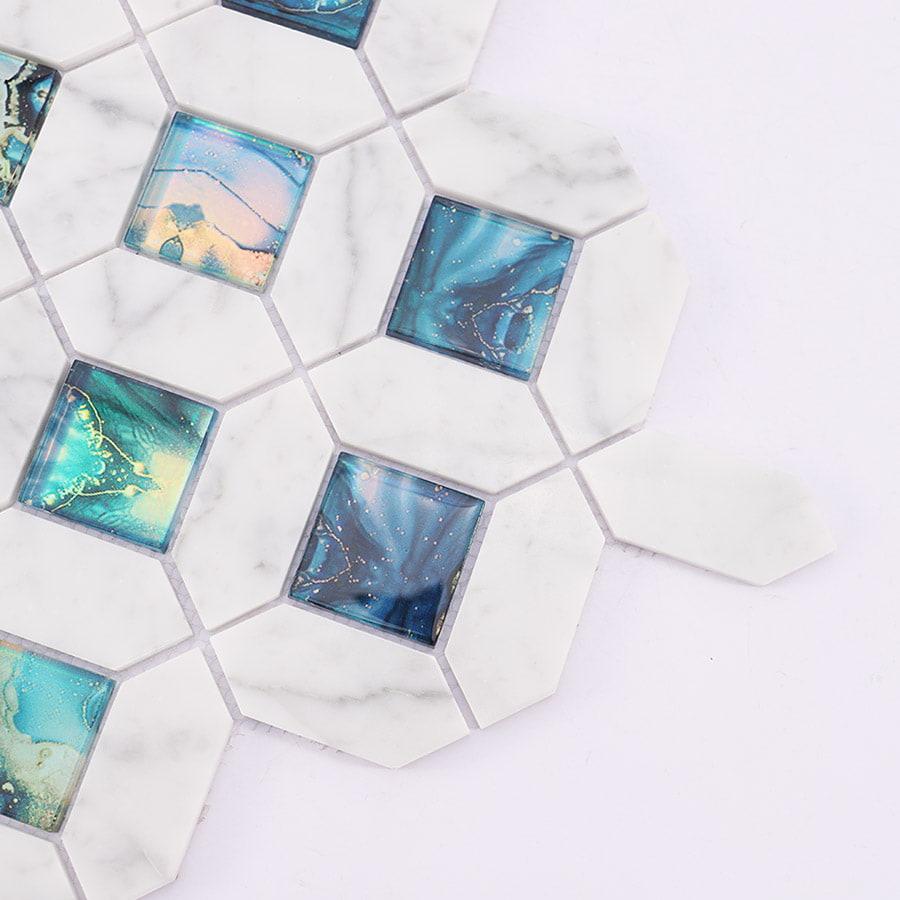 Blue Glass and White Marble Mosaic Tile — mosaic ghép nghệ thuật bằng đá marble trắng & xanh dương