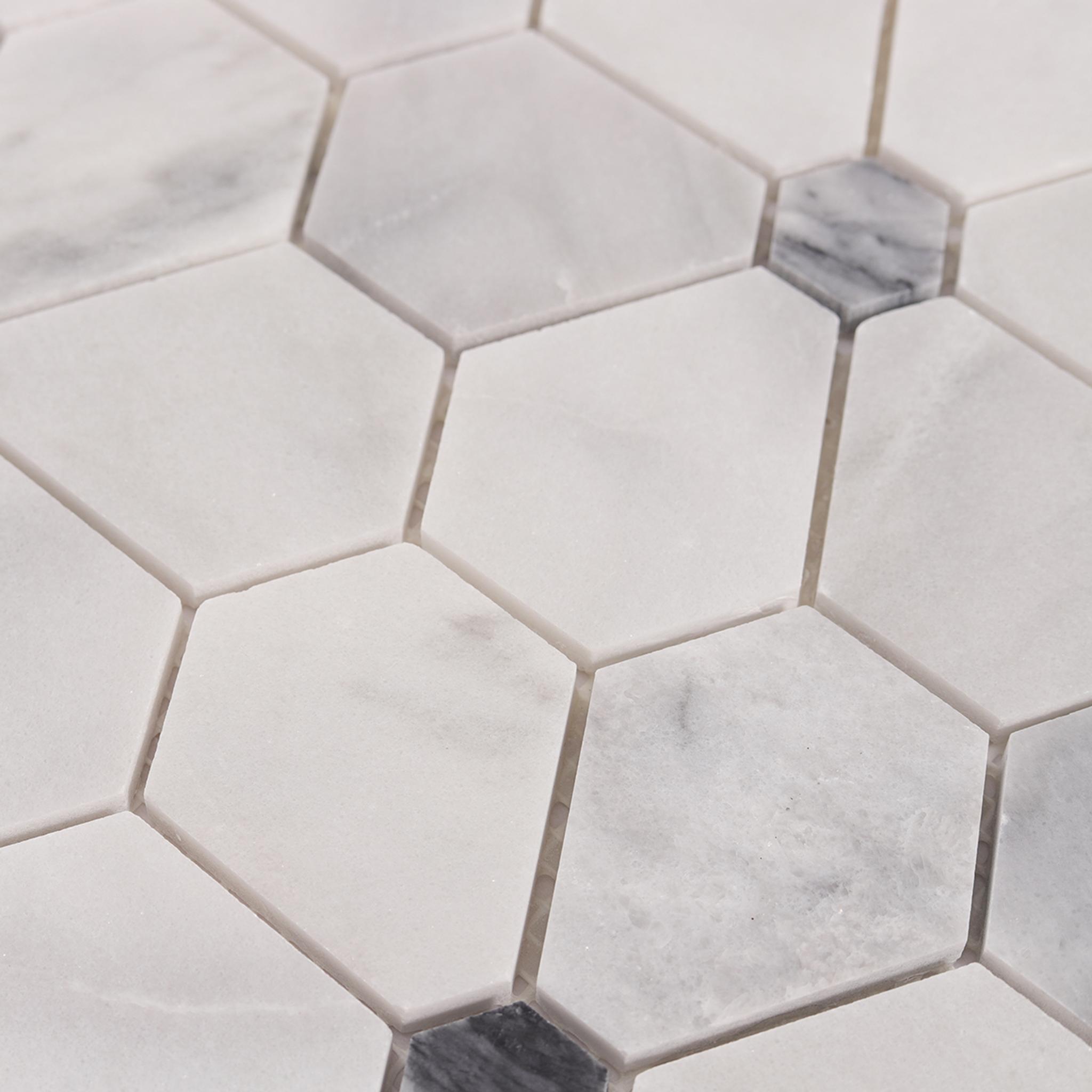 Carrara White Hexagon Flower Marble Mosaic Tiles — mosaic lục giác bằng đá marble trắng & trắng Carrara