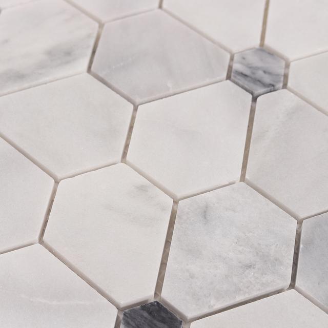 Carrara White Hexagon Flower Marble Mosaic Tiles — mosaic lục giác bằng đá marble trắng & trắng Carrara