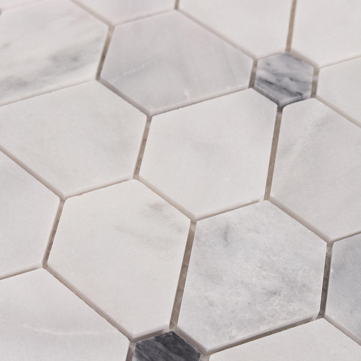 Carrara White Hexagon Flower Marble Mosaic Tiles — mosaic lục giác bằng đá marble trắng & trắng Carrara