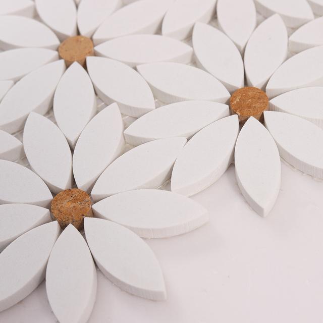 White Waterjet Sunflower Marble Mosaic Tile — mosaic hoa văn waterjet bằng đá marble trắng