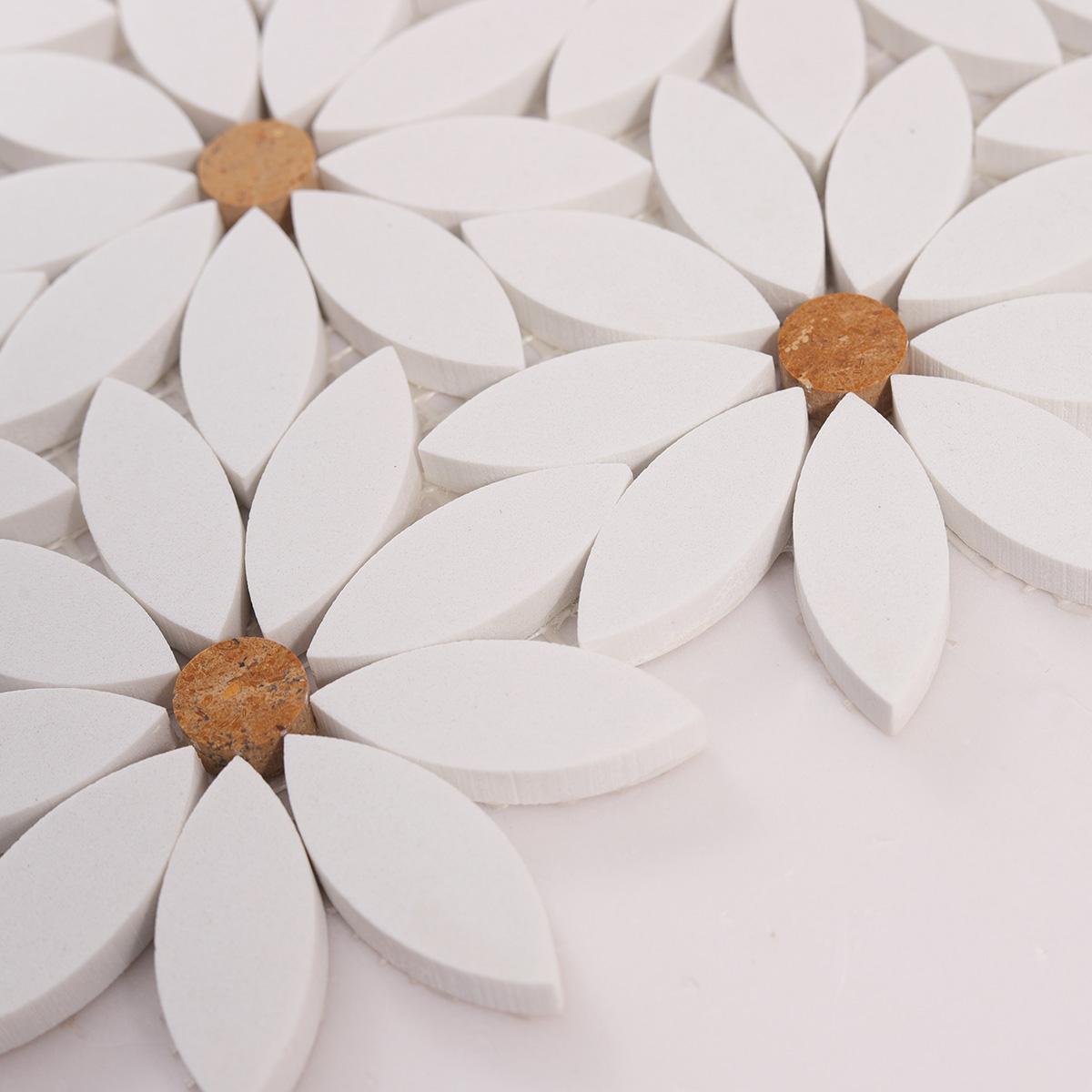 White Waterjet Sunflower Marble Mosaic Tile — mosaic hoa văn waterjet bằng đá marble trắng