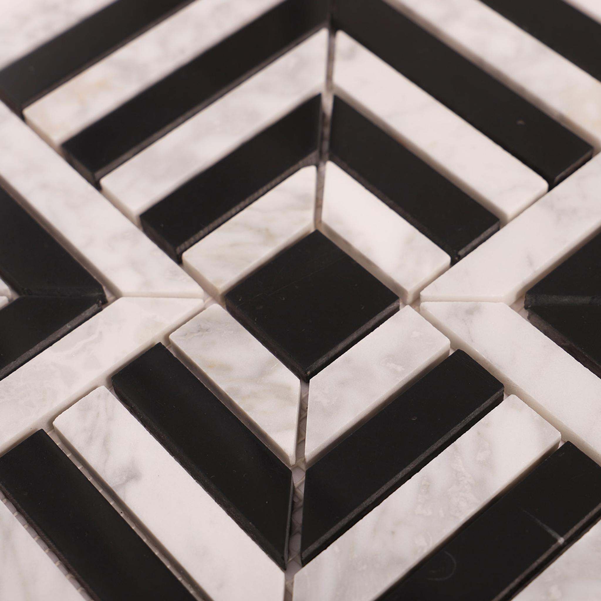Carrara White and Black Geometric Marble Mosaic Tiles — mosaic ghép nghệ thuật bằng đá marble đen & trắng
