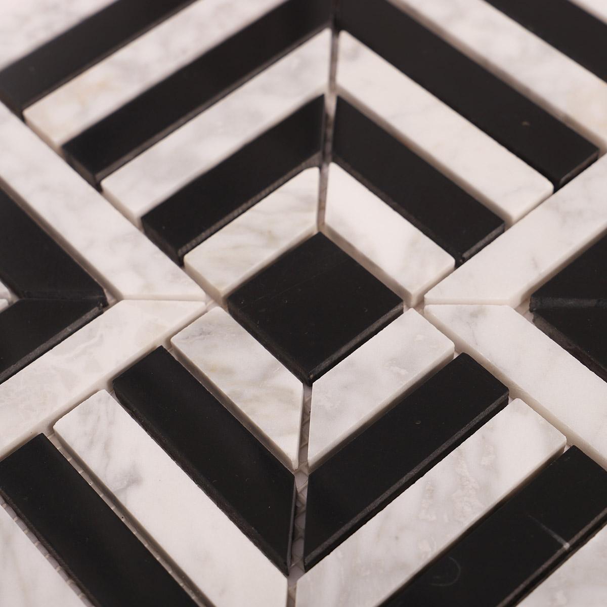 Carrara White and Black Geometric Marble Mosaic Tiles — mosaic ghép nghệ thuật bằng đá marble đen & trắng