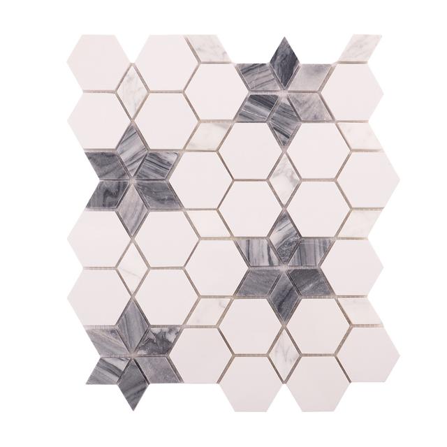 Hexagon White and Gray Marble Mosaic Tiles — mosaic lục giác bằng đá marble trắng & xám