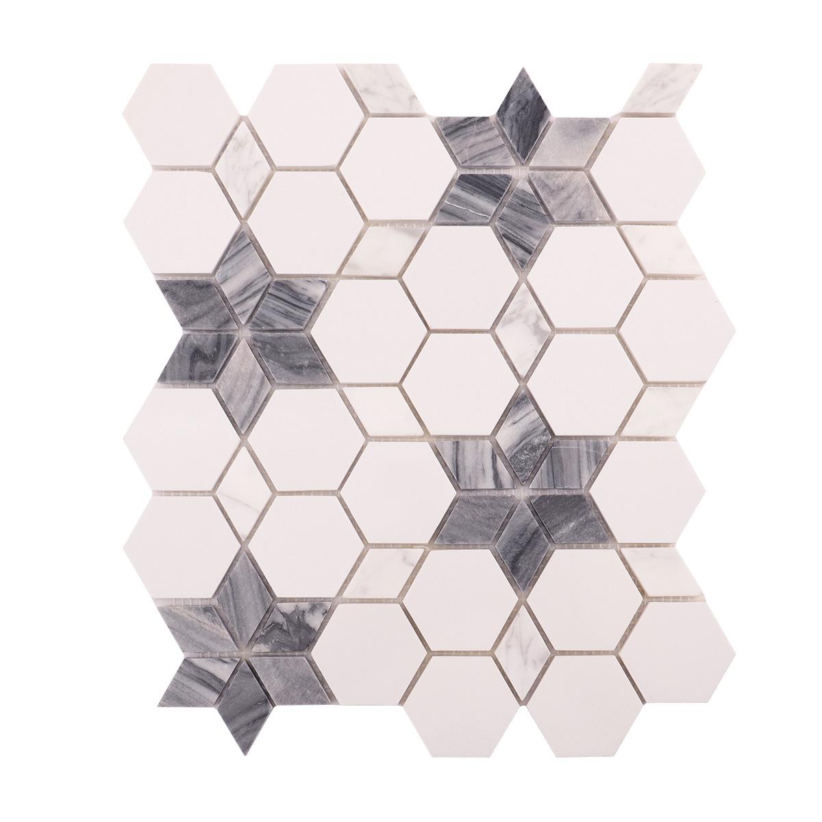Hexagon White and Gray Marble Mosaic Tiles — mosaic lục giác bằng đá marble trắng & xám
