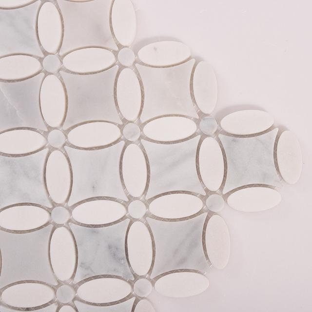 White Floral Petal Marble Mosaic Wall Tiles — mosaic hoa văn waterjet bằng đá marble trắng & trắng Carrara