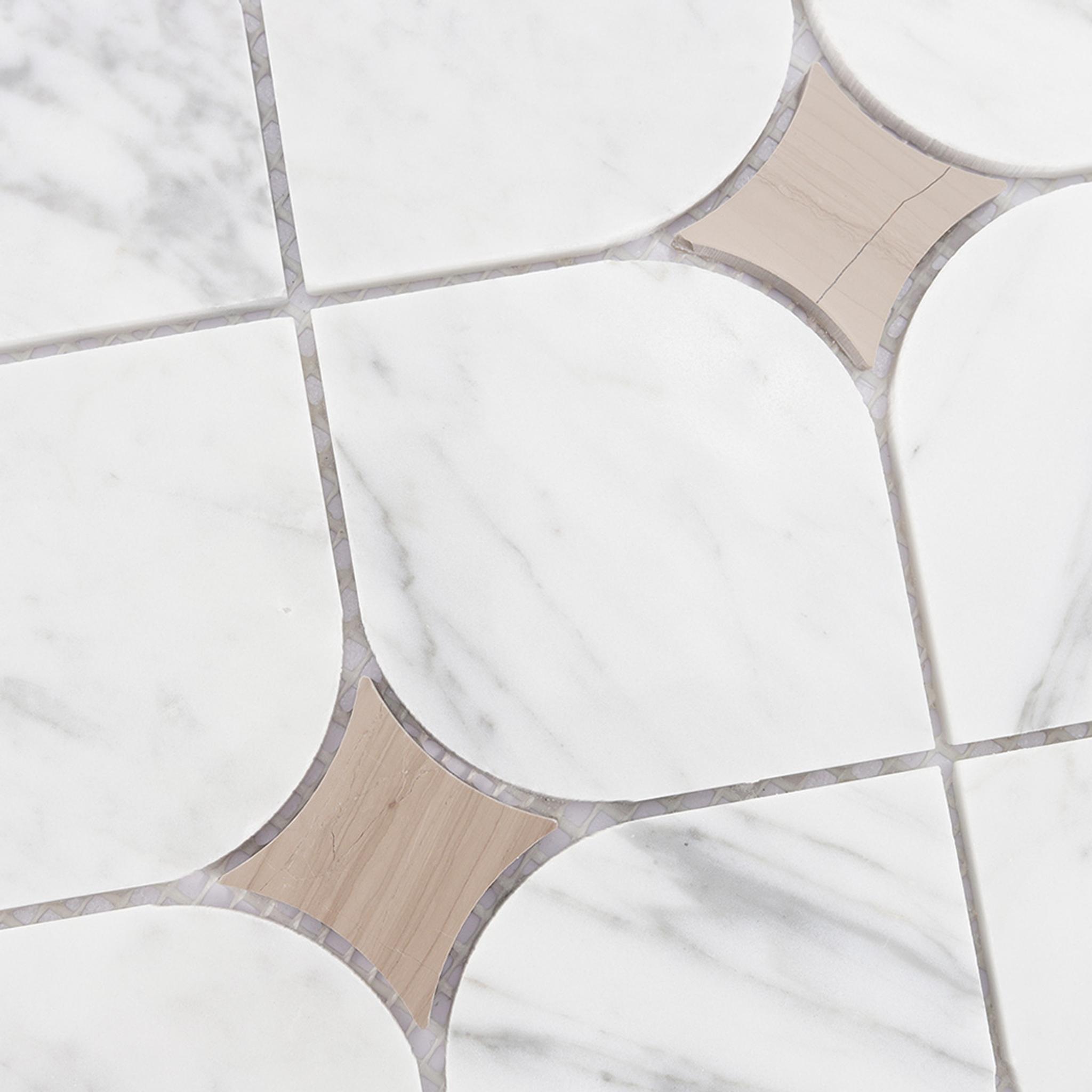 White Arabesque Marble Mosaic Tile with Beige Star Accents — mosaic arabesque bằng đá marble trắng & beige