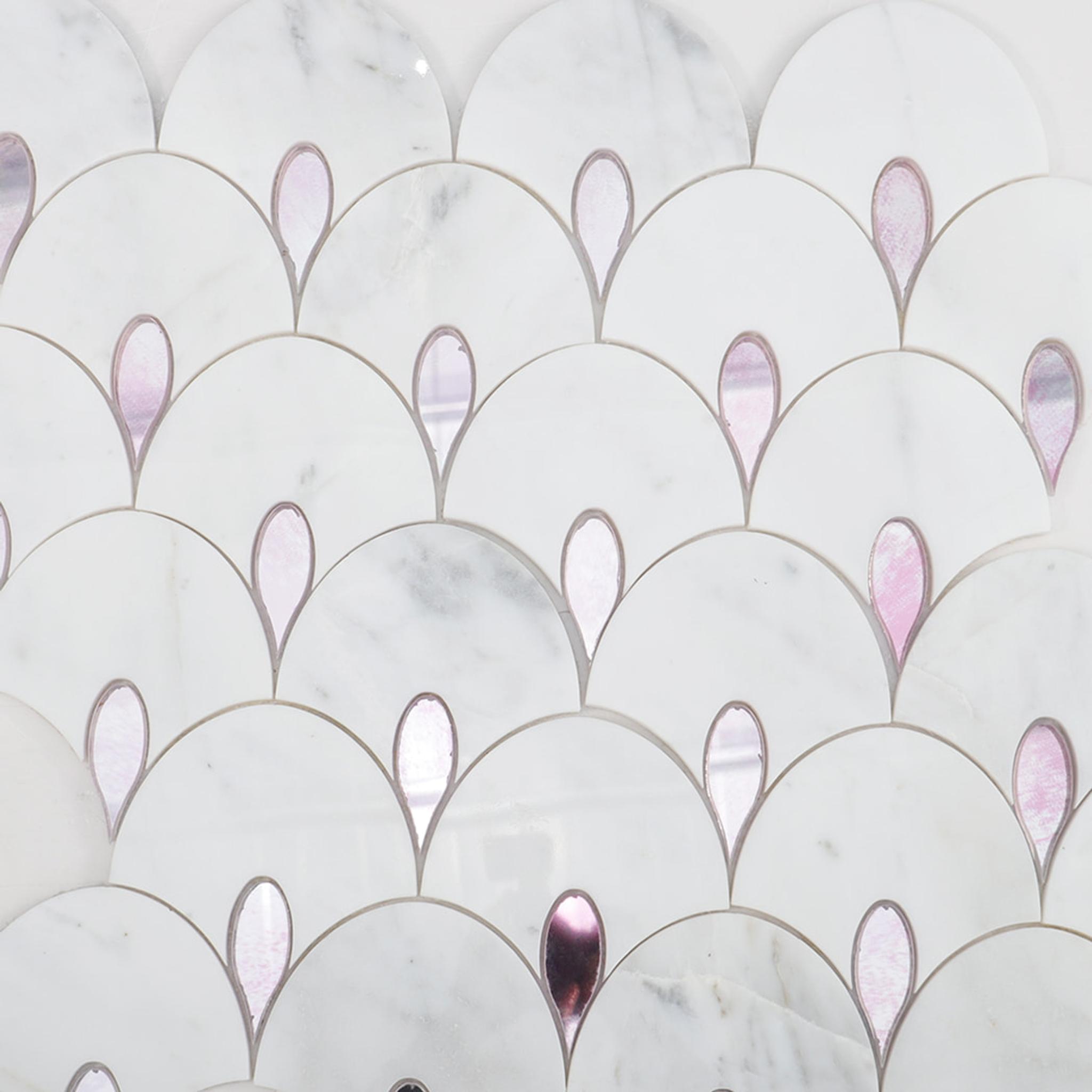 White Marble and Pink Glass Waterjet Mosaic Tile — mosaic hoa văn waterjet bằng đá marble trắng & hồng