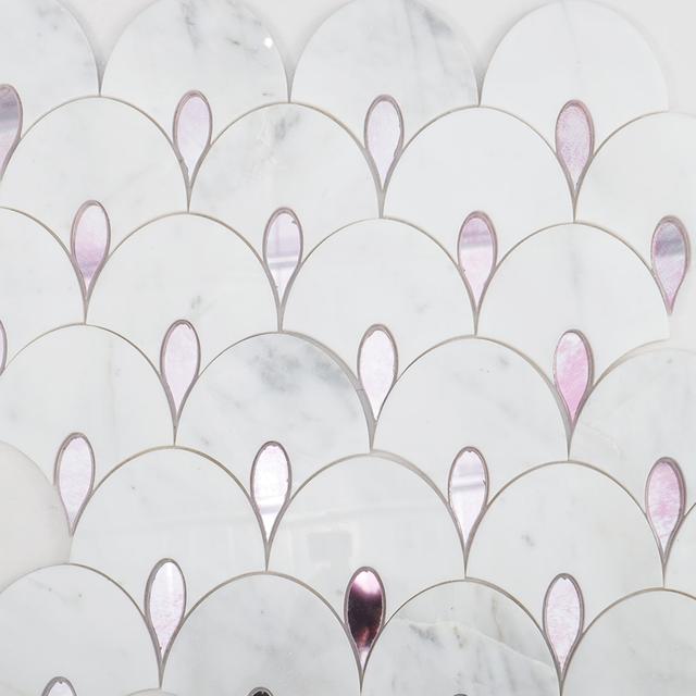 White Marble and Pink Glass Waterjet Mosaic Tile — mosaic hoa văn waterjet bằng đá marble trắng & hồng