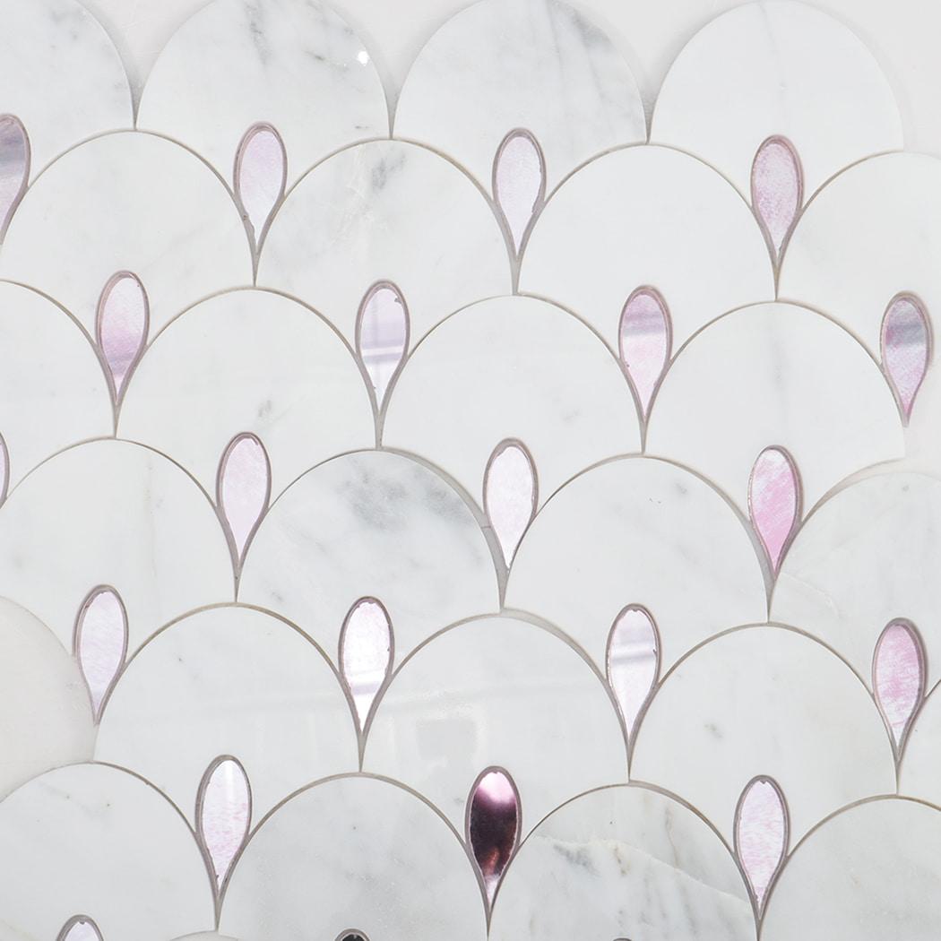 White Marble and Pink Glass Waterjet Mosaic Tile — mosaic hoa văn waterjet bằng đá marble trắng & hồng