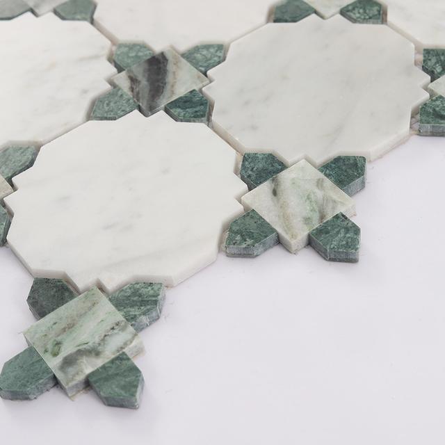 White and Green Marble Mosaic Wall and Floor Tile with Green Diamond — mosaic ghép nghệ thuật bằng đá marble trắng & xanh lục