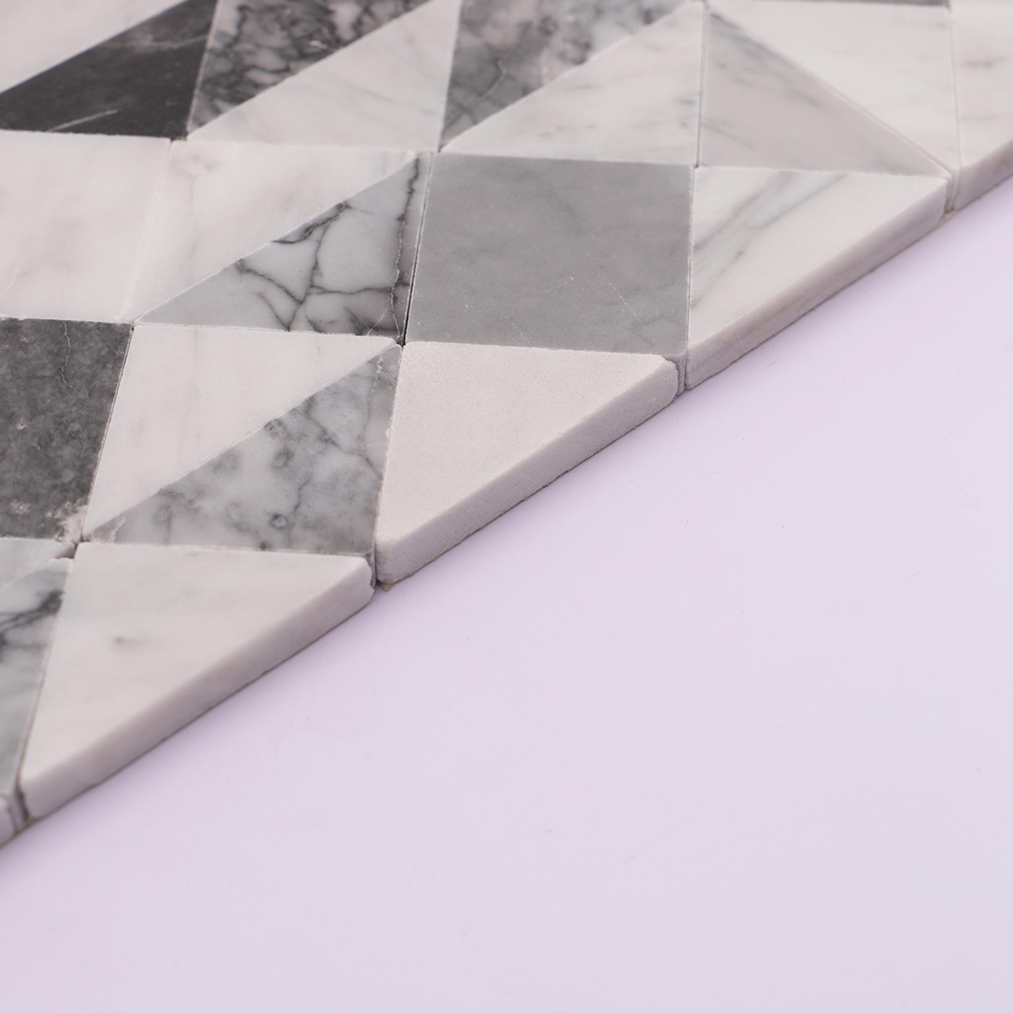 Grey and White Geometric Triangle Honed Marble Mosaic Tiles — mosaic ghép nghệ thuật bằng đá marble trắng & xám