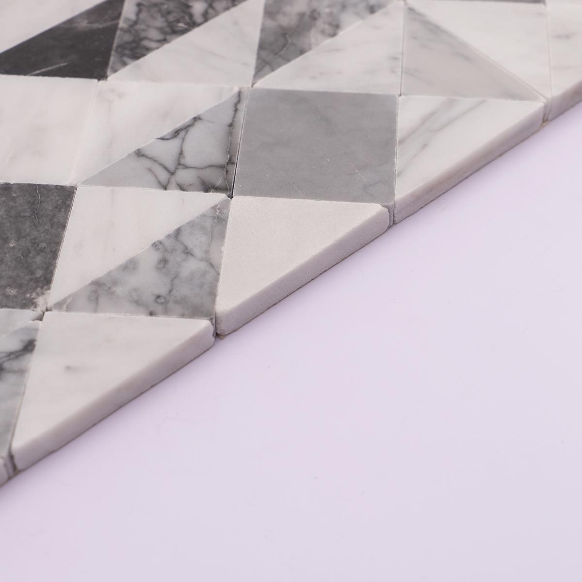 Grey and White Geometric Triangle Honed Marble Mosaic Tiles — mosaic ghép nghệ thuật bằng đá marble trắng & xám