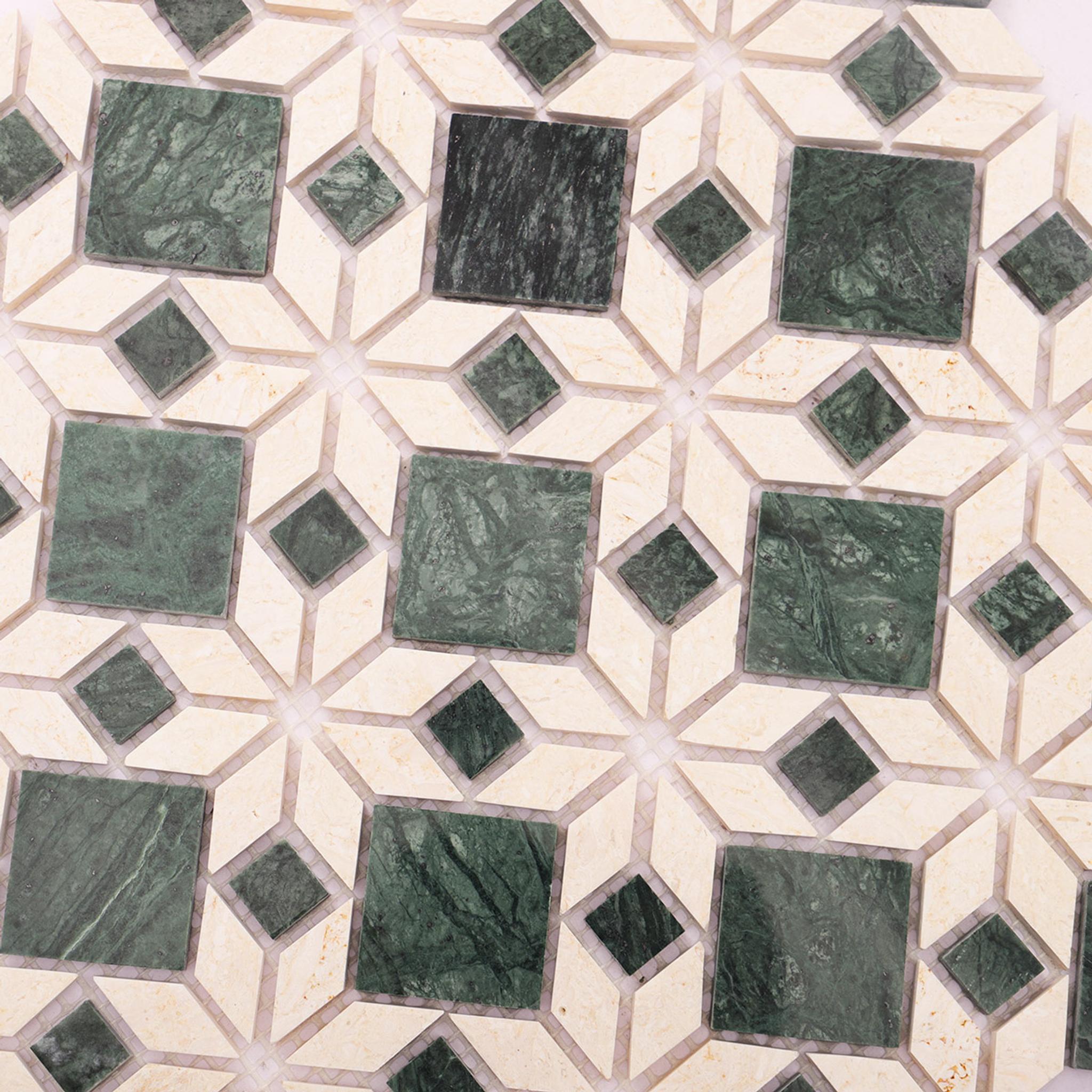 Green and Beige Marble Flower Mosaic Natural Stone Tiles — mosaic hoa văn waterjet bằng đá marble xanh lục & beige