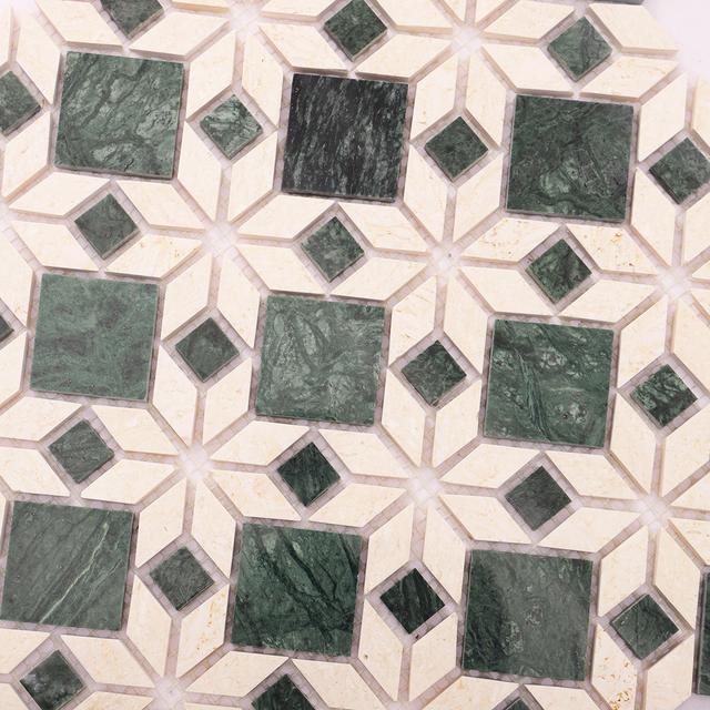 Green and Beige Marble Flower Mosaic Natural Stone Tiles — mosaic hoa văn waterjet bằng đá marble xanh lục & beige