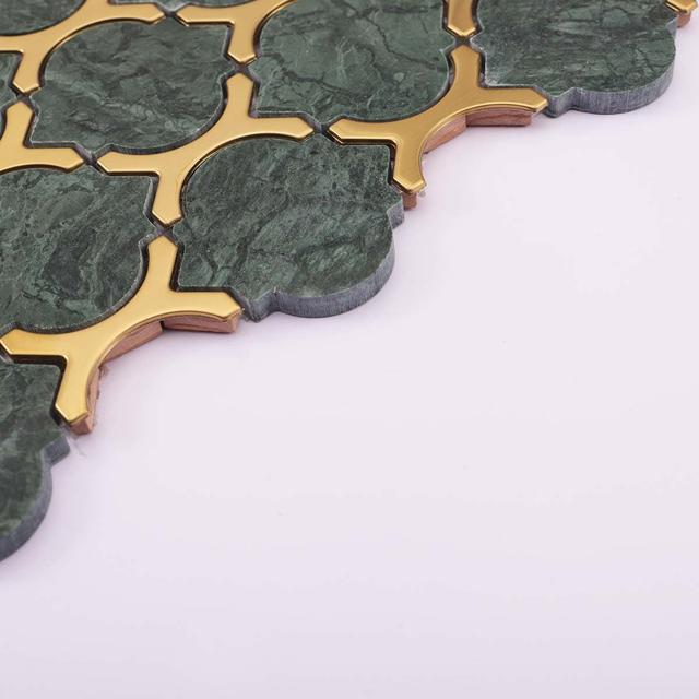 Arabesque Green Marble and Gold Metal Mosaic Tile — mosaic arabesque bằng đá marble xanh lục & vàng
