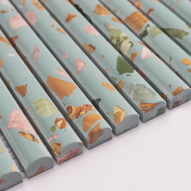 Blue Green Terrazzo Fluted Tile Fresh Wall Mosaic — mosaic rãnh sọc (fluted) bằng đá terrazzo xanh lục & xanh dương