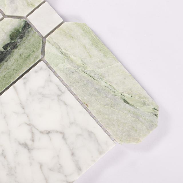Carrara White and Green Geometric Pattern Marble Mosaic Tile — mosaic ghép nghệ thuật bằng đá marble trắng & xanh lục